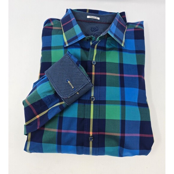 BUGATCHI SHAPED FIT BUTTON UP DRESS SHIRT GREEN BLUE PLAID FLIP CUFFS MEN XL - Picture 1 of 12